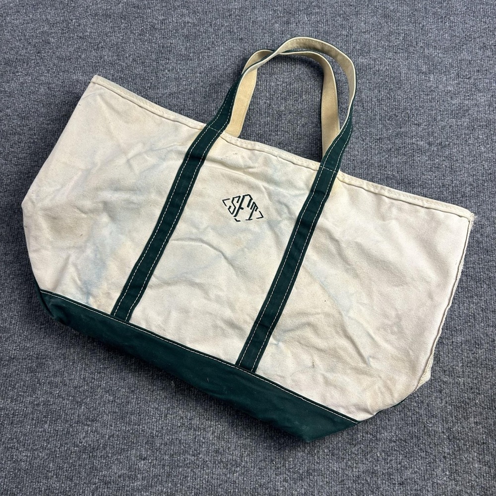 LL Bean Boat and Tote Bag Extra Large Natural Green Canvas Zip Top Monogram USA